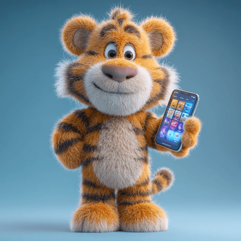 Cartoon tiger holding a smartphone showing the BGD33 app interface