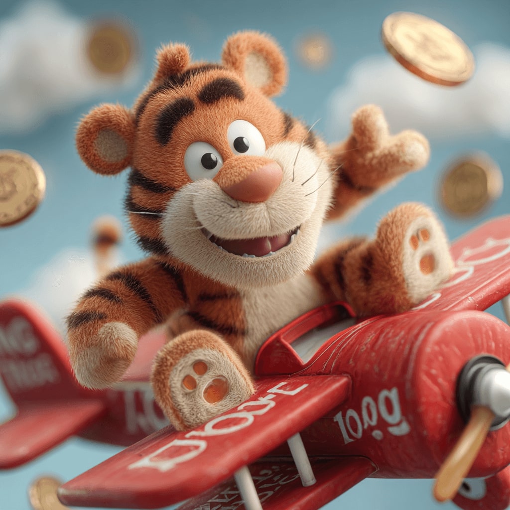 Smiling tiger flying a red plane through golden coins, representing the Aviator game at BGD33