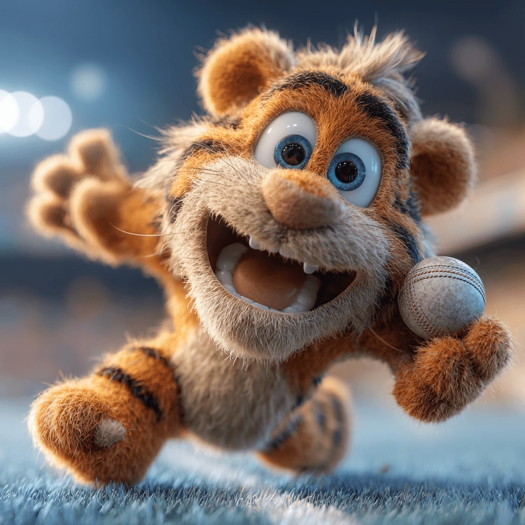 Excited tiger holding a cricket ball on a stadium field, symbolizing sports betting at BGD33