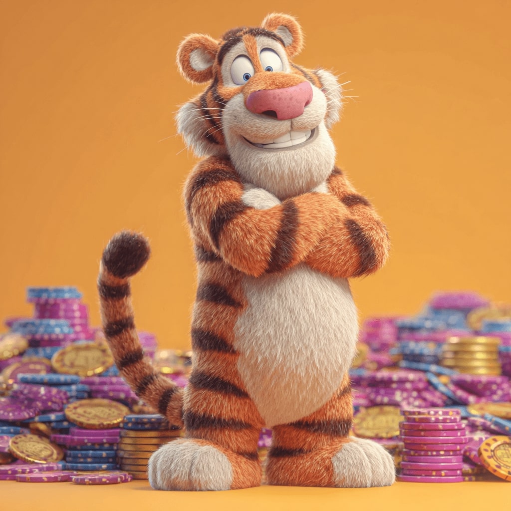 Cheerful cartoon tiger standing proudly with piles of casino chips, representing big wins at BGD33