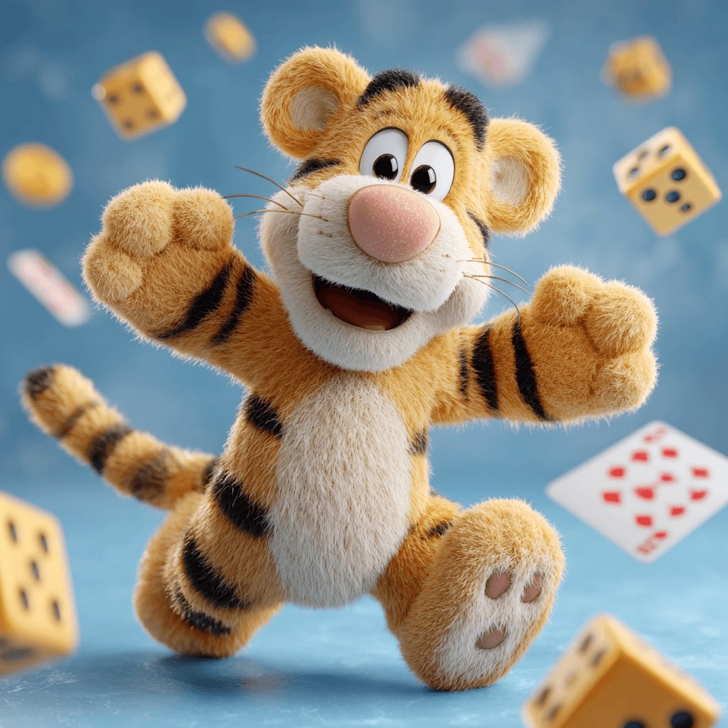 Playful tiger jumping among dice and playing cards, showcasing various games at BGD33