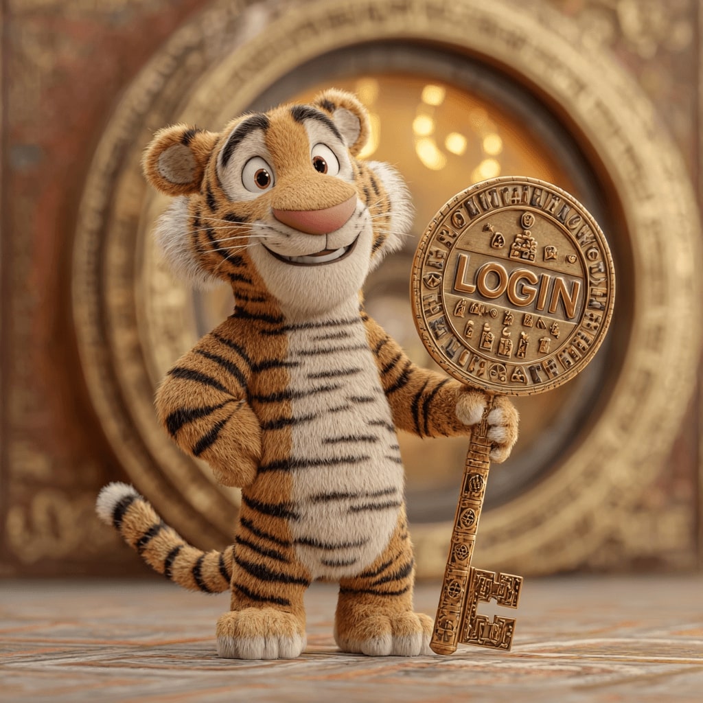 Confident tiger holding a giant golden key with 'LOGIN' text, symbolizing secure access to BGD33 accoun
