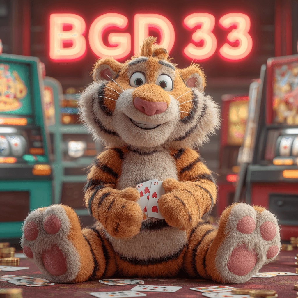 Friendly tiger sitting with playing cards in a casino setting, highlighting BGD33 as a fun gaming platform