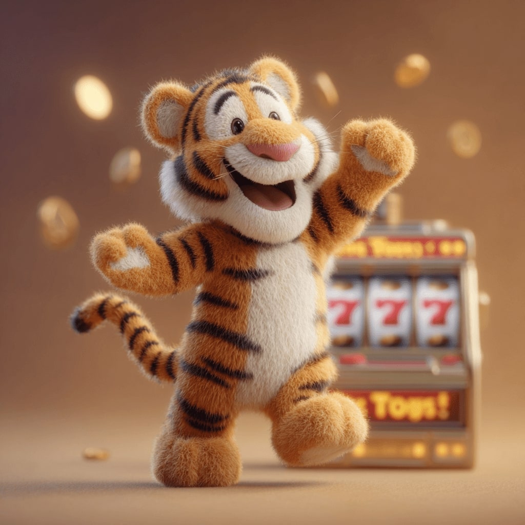 Happy tiger celebrating in front of a slot machine with a 777 jackpot at BGD33