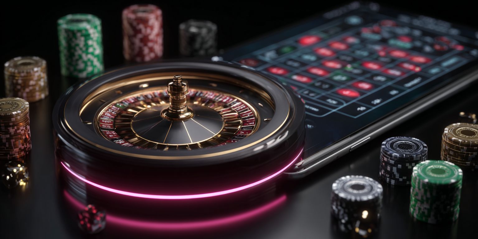 Roulette wheel and casino chips next to a smartphone screen with BGD33 online casino interface
